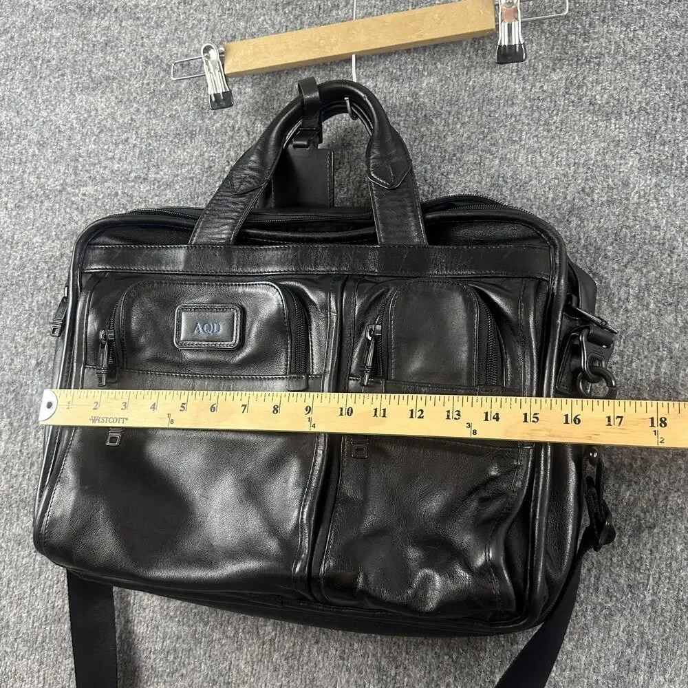 Tumi Expandable Organizer Laptop Briefcase Black Leather Adjustable Strap Office